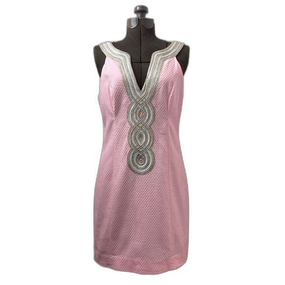 Lilly Pulitzer Dresses & Skirts - Lilly Pulitzer Valli Shift Dress Light Pink Sz 6 Mini Sleeveless Gold Metallic